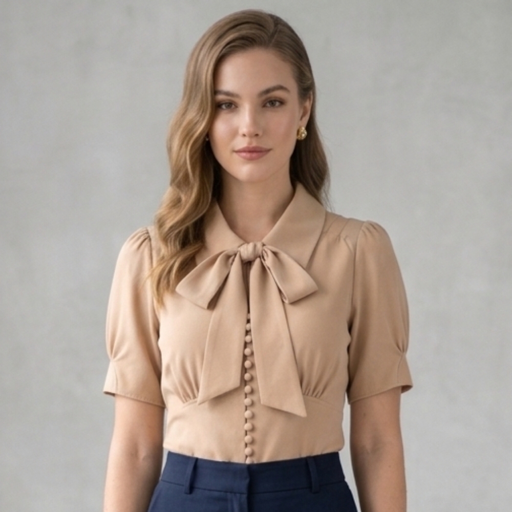 XOXO Beige Tie-Neck Puff Short Sleeve Formal Women's Blouse Size XL